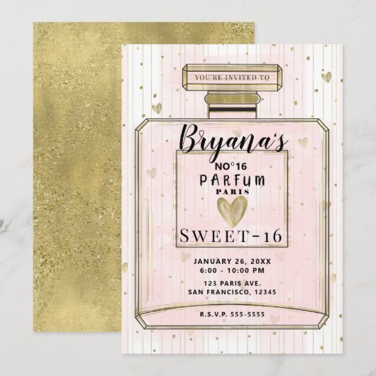 バラ色とゴールドのパリの香水 スイート16の誕生日 招待状 (正面/裏面)