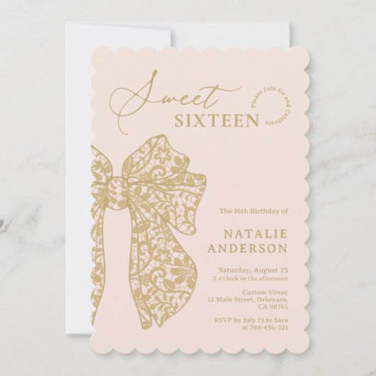 バラ色とゴールドの花柄レースのリボンがついたスイート16のドレス 招待状 (正面)