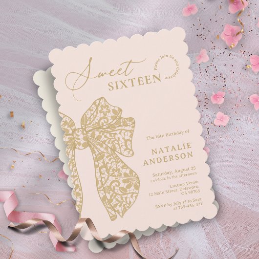 バラ色とゴールドの花柄レースのリボンがついたスイート16のドレス 招待状