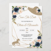 バラ色とネイビーのケンタッキー・ダービー・ウェディング・セーブ・ザ・デート 招待状 (正面/裏面)