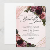 バラ色とバーガンディ、もしくは淡い紫色の花のコーナーに金のフレーム 招待状 (正面/裏面)