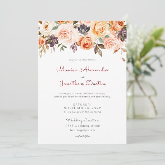 バラ色と桃色の花のラスティックウェディング 招待状 (スタンド正面)