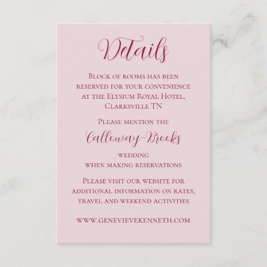 バラ色と深紅の結婚式招待状カード エンクロージャーカード (正面)