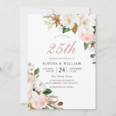 バラ色と白の花 25周年結婚記念日 招待状 (正面)