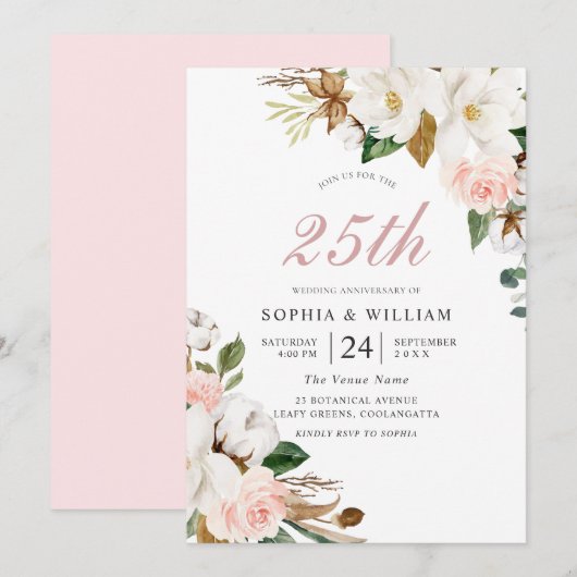 バラ色と白の花 25周年結婚記念日 招待状 (正面/裏面)