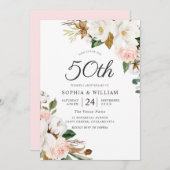 バラ色と白の花 50周年結婚記念日 招待状 (正面/裏面)