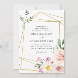 バラ色と紫の花モチーフのユーカリの結婚式 招待状