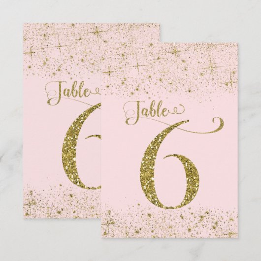 バラ色のきらきら輝く金色のテーブルナンバー６です 招待状 (正面/裏面)
