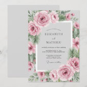 バラ色のエバーグリーン ウィンター ウェディング 招待状 (正面/裏面)