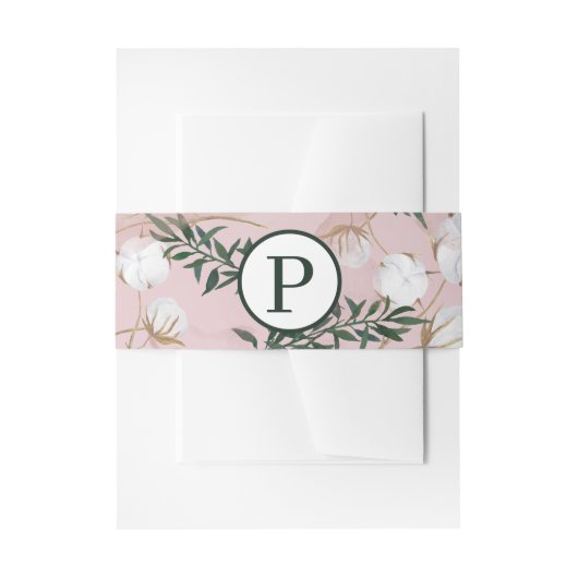 バラ色のカーキ色の綿花の花  緑の草花 ラスティック ウェディング 招待状ベリーバンド (正面例)