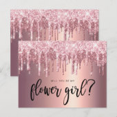 バラ色のグリッターが滴ります。私のフラワーガールになってくれますか インビテーションポストカード (正面/裏面)