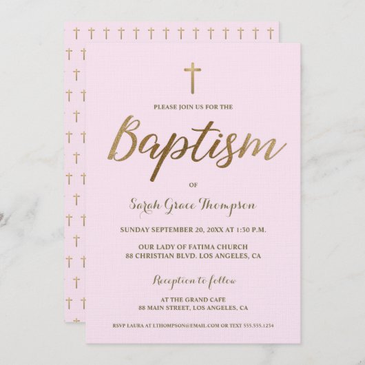 バラ色のゴールドクロスカスタムベビーガール洗礼 招待状 (正面/裏面)