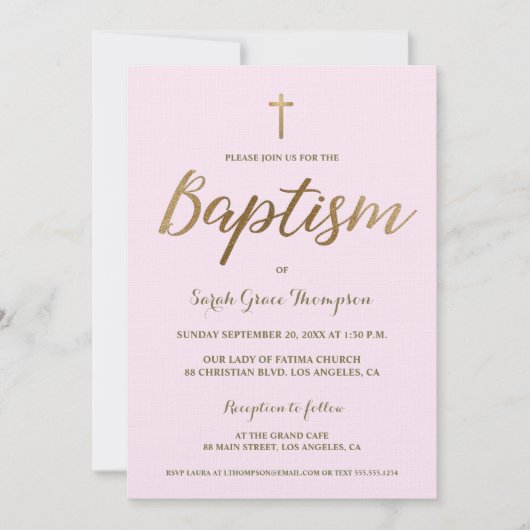 バラ色のゴールドクロスカスタムベビーガール洗礼 招待状 (正面)
