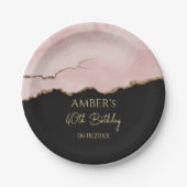 バラ色のシャンパンゴールドのグリッターが抽象的な水彩画のように輝く ペーパープレート (正面)