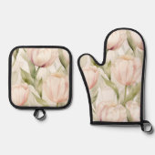 バラ色のピンクとクリーム色のチューリップの花の花嫁のシャワー 鍋つかみ&鍋敷きセット (正面)