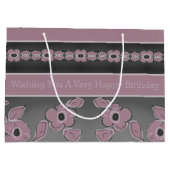 バラ色のピンクとチャコールグレー ラージペーパーバッグ (裏面)