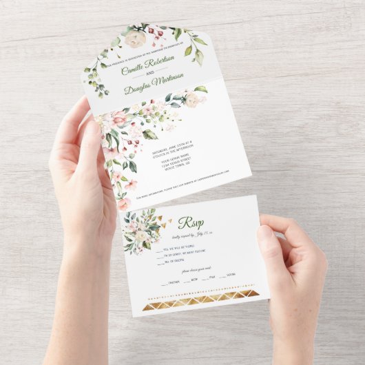 バラ色のピンクと白い花　ゴールドの装飾 オールインワン招待状 (貼ってはがせる)