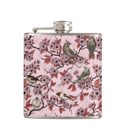 バラ色のピンクに鳥と桜 フラスク (正面)
