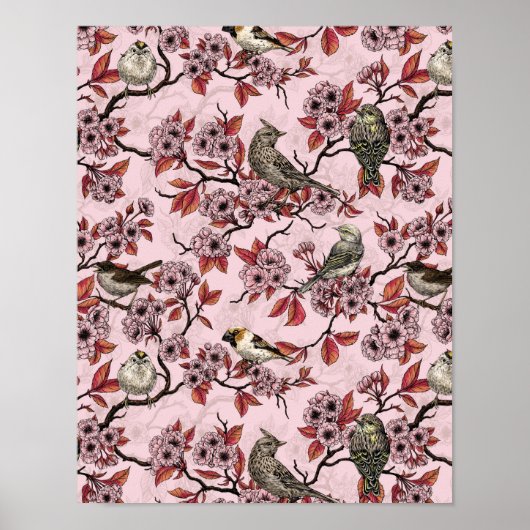 バラ色のピンクに鳥と桜 ポスター (正面)