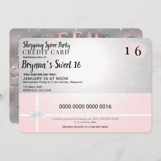 バラ色のピンクのお買い物パーティー 都市ハイヤー スイート16パーティー 招待状 (正面/裏面)