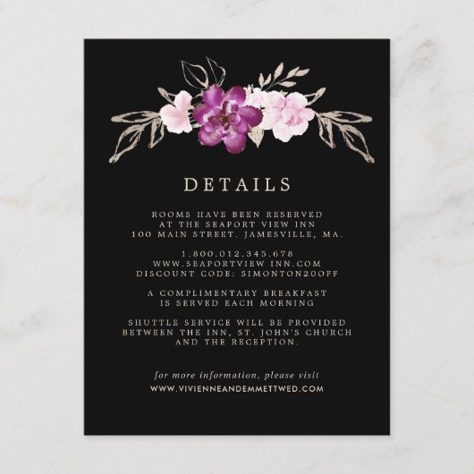 バラ色のピンクのローズ パープル ゴールドの結婚式のゲスト詳細 エンクロージャーカード (正面)