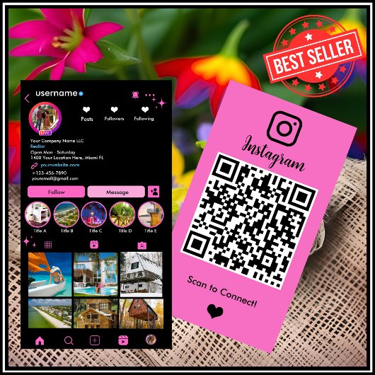 バラ色のピンクの不動産屋Instagram QRコード付き名刺 名刺