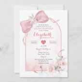 バラ色のピンクの弓の コケッタ リボン アーチのキンセアニエラ 招待状 (正面)