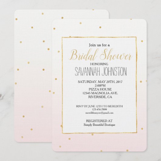 バラ色のピンクゴールドのコンフェッティスパークルオンブレ 招待状 (正面/裏面)