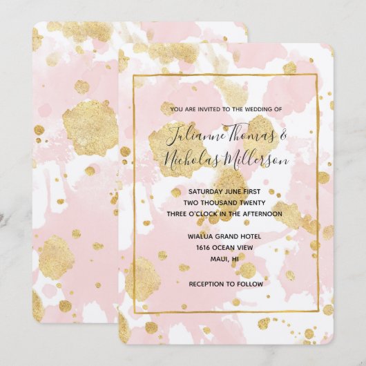 バラ色のピンクゴールドのスプラッター抽象 招待状 (正面/裏面)