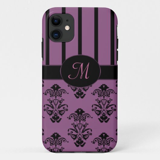バラ色のピンク及び黒いバロックのストライプなモノグラム Case-Mate iPhoneケース (裏面)