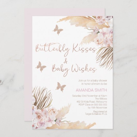 バラ色のムーブの花の蝶のキスのベイビーシャワー 招待状 (正面/裏面)
