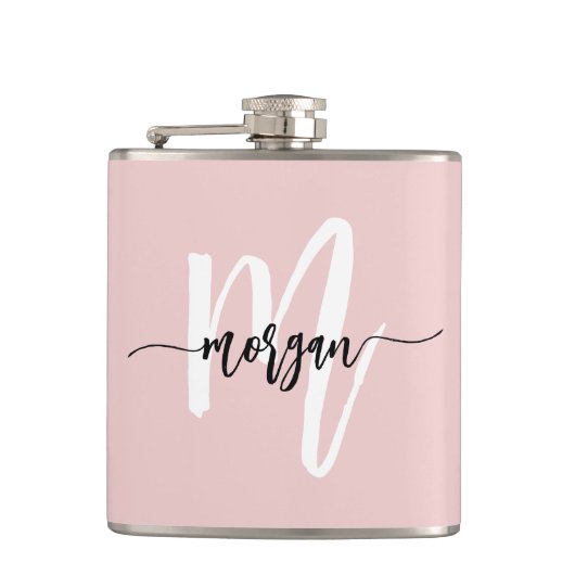 バラ色のモノグラムが可愛らしい女の子のスクリプト フラスク (正面)