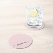 バラ色のモノグラム名前スクリプト シックな署名 ラウンドペーパーコースター (インサイチュ)