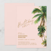 バラ色のヤシの木 | 誕生日はどの年齢でもビーチで 招待状 (正面/裏面)