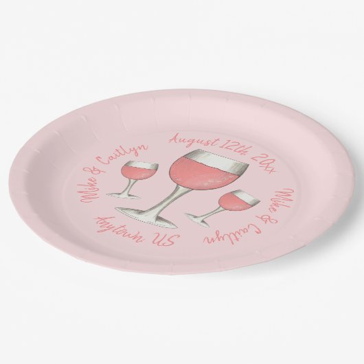 バラ色のローズ オールデイ ロゼ ワイン ブライダルシャワー ペーパープレート (アングル)