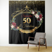 バラ色のワインレッドとネイビーの花柄の誕生日用背景 タペストリー (インサイチュ)