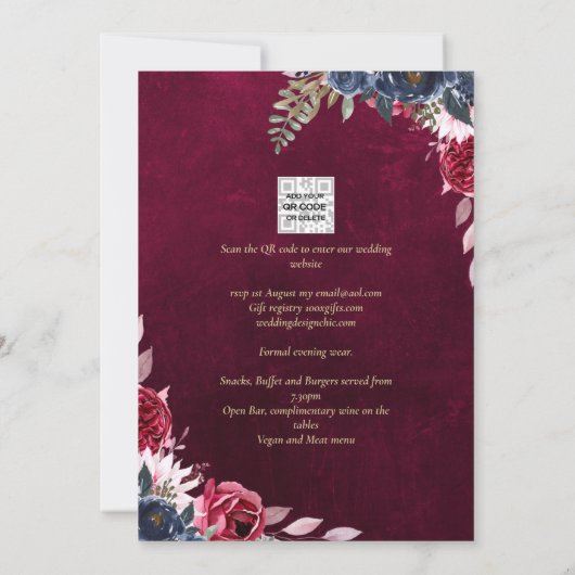 バラ色のワインレッドの花のウェディング 招待状 (裏面)