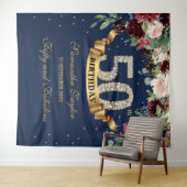 バラ色のワインレッド ネイビー フラワーボヘミア 50歳の誕生日 タペストリー (インサイチュ(横))