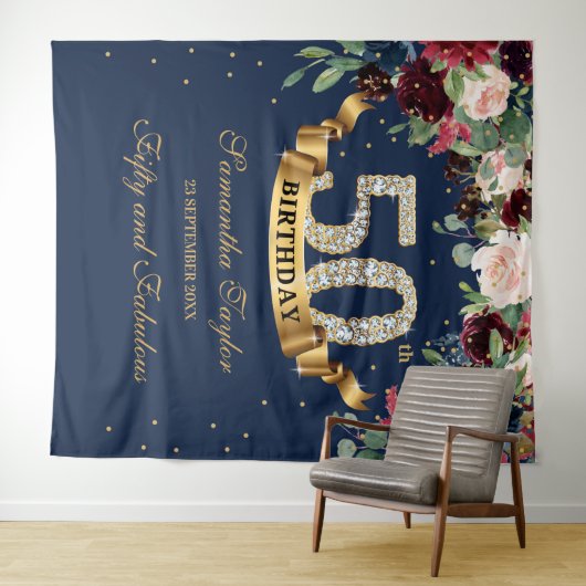バラ色のワインレッド ネイビー フラワーボヘミア 50歳の誕生日 タペストリー (インサイチュ(横))