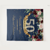 バラ色のワインレッド ネイビー フラワーボヘミア 50歳の誕生日 タペストリー (正面(横))