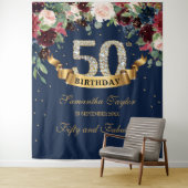 バラ色のワインレッド ネイビー フラワーボヘミア 50歳の誕生日 タペストリー (インサイチュ)