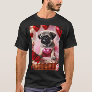 バラ色のワンダーランドでの小さなパグのバレンタインデーの夢 Tシャツ