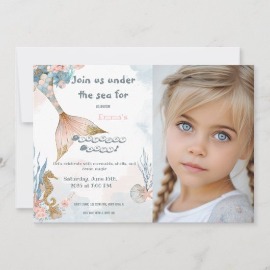 バラ色の人魚の尾の誕生日 招待状 (正面)