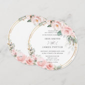 バラ色の優しいピンクの花とゴールドのグリーンが丸く広がるウェディング 招待状 (正面/裏面)