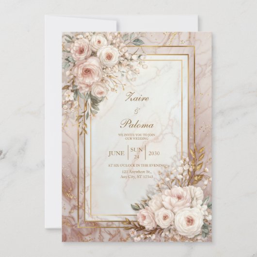 バラ色の優雅なフレームが輝くウェディング 招待状 (正面)