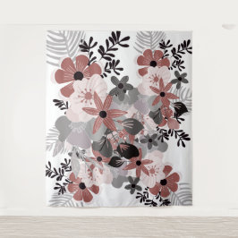 バラ色の唐辛子とグレイのボヘミアンフラワーパターン タペストリー