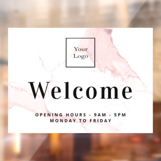 バラ色の大理石の背景に企業ロゴでお客様をお迎えします ウィンドウサイン (シート2)