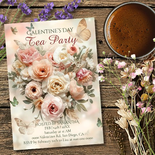 バラ色の庭のローズ ガレンティー ティーパーティー フローラル 招待状