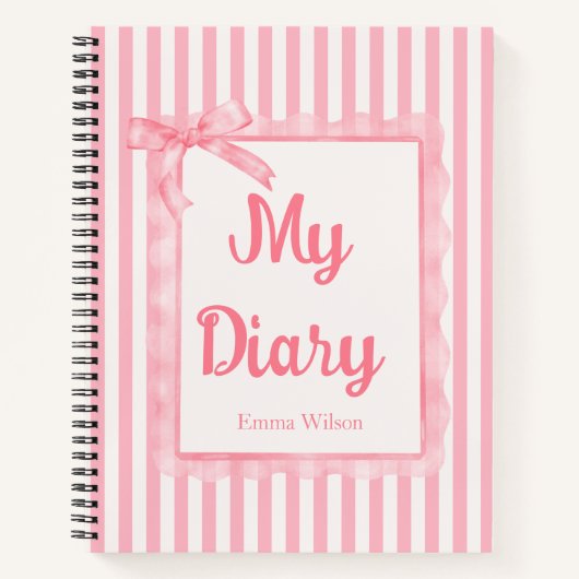 バラ色の恋するストライプの弓のモノグラム日記 ノートブック (正面)