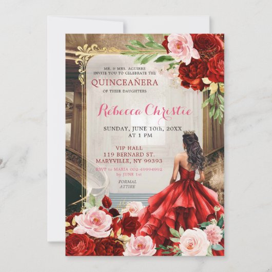 バラ色の明るい赤の花のキンセアニエラ 招待状 (正面)